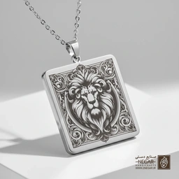 گردنبند طرح شیر (Lion) در قاب اسلیمی (حکاکی لیزری فایبر، مدل قاب مربع) کد 502098