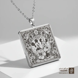 گردنبند طرح میکی و مینی در قاب گل (حکاکی لیزری فایبر، مدل قاب مربع) کد 502266