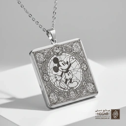 گردنبند طرح میکی موس در گلزار (حکاکی لیزری فایبر، مدل قاب مربع) کد 502289