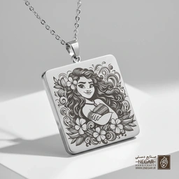 گردنبند طرح موآنا و گل‌های هاوایی (حکاکی لیزری فایبر، مدل قاب مربع) کد 502334