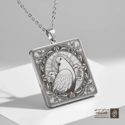 گردنبند طرح کبوتر در قاب خورشیدی (حکاکی لیزری فایبر، مدل قاب مربع) کد 502375