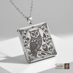 گردنبند طرح جغد و برگ (حکاکی لیزری فایبر، مدل قاب مربع) کد 502524