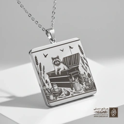 گردنبند طرح راکون و کلبه (حکاکی لیزری فایبر، مدل قاب مربع) کد 502759