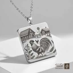 گردنبند طرح خروس و مزرعه (حکاکی لیزری فایبر، مدل قاب مربع) کد 502869