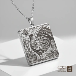 گردنبند طرح خروس و انبار غله (حکاکی لیزری فایبر، مدل قاب مربع) کد 502874