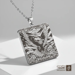 گردنبند طرح عقاب و نقوش انتزاعی (حکاکی لیزری فایبر، مدل قاب مربع) کد 503023