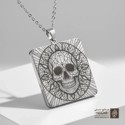 گردنبند طرح جمجمه در تار عنکبوت هندسی (حکاکی لیزری فایبر، مدل قاب مربع) کد 503044