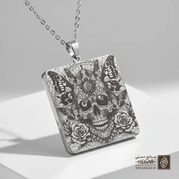 گردنبند طرح جمجمه سلطنتی و نشان خورشید (حکاکی لیزری فایبر، مدل قاب مربع) کد 503065