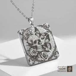 گردنبند طرح جمجمه در قاب پنجره کلیسا (حکاکی لیزری فایبر، مدل قاب مربع) کد 503069