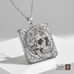 گردنبند طرح جمجمه زنانه با تاج گل رز (حکاکی لیزری فایبر، مدل قاب مربع) کد 503075