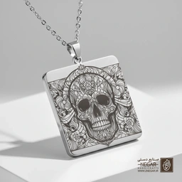 گردنبند طرح جمجمه اشرافی در قاب اسلیمی (حکاکی لیزری فایبر، مدل قاب مربع) کد 503085