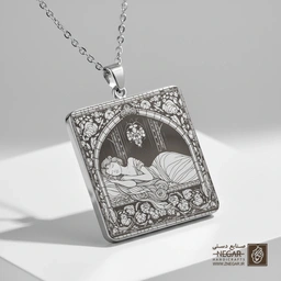 گردنبند طرح زن خفته در عمارت قدیمی (حکاکی لیزری فایبر، مدل قاب مربع) کد 503100