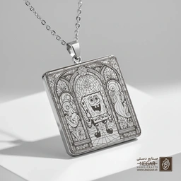 گردنبند طرح باب اسفنجی در معبد جادویی (حکاکی لیزری فایبر، مدل قاب مربع) کد 503269