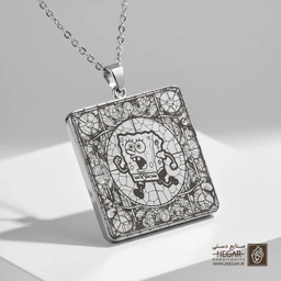 گردنبند طرح باب اسفنجی متعجب (حکاکی لیزری فایبر، مدل قاب مربع) کد 503272