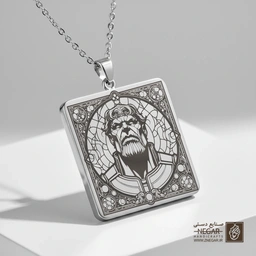 گردنبند طرح چهره تانوس در کادر اسلیمی (حکاکی لیزری فایبر، مدل قاب مربع) کد 503515