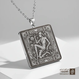 گردنبند طرح مومیایی نشسته در قاب اسلیمی (حکاکی لیزری فایبر، مدل قاب مربع) کد 503525