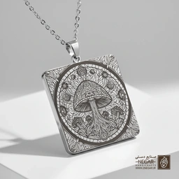 گردنبند طرح تک قارچ در قاب دایره‌ای (حکاکی لیزری فایبر، مدل قاب مربع) کد 503655