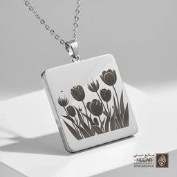 گردنبند طرح مینیمال سیلوئت گل لاله (حکاکی لیزری فایبر، مدل قاب مربع) کد 503673