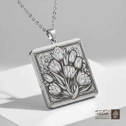 گردنبند طرح گل لاله در قاب مشبک هنری (حکاکی لیزری فایبر، مدل قاب مربع) کد 503674