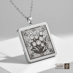 گردنبند طرح گل‌های لاله در قاب دایره‌ای (حکاکی لیزری فایبر، مدل قاب مربع) کد 503675