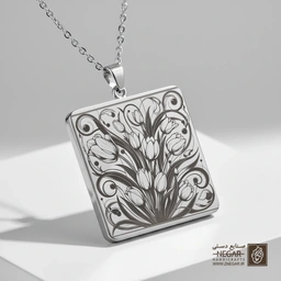 گردنبند طرح هنری گل لاله و نقوش منحنی (حکاکی لیزری فایبر، مدل قاب مربع) کد 503676