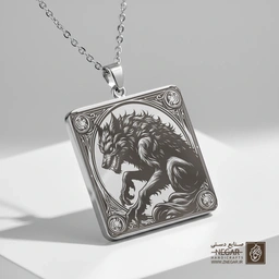 گردنبند طرح فانتزی گرگینه خشمگین (حکاکی لیزری فایبر، مدل قاب مربع) کد 503810