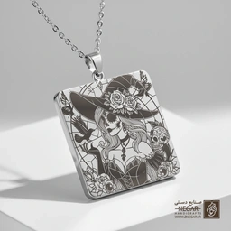 گردنبند طرح جادوگر گوتیک با گل رز (حکاکی لیزری فایبر، مدل قاب مربع) کد 503847