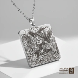 گردنبند طرح جادوگر در میان گل‌ها (حکاکی لیزری فایبر، مدل قاب مربع) کد 503851