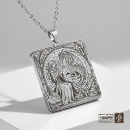 گردنبند طرح ساحره کتابخوان و اژدها (حکاکی لیزری فایبر، مدل قاب مربع) کد 503865