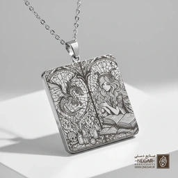 گردنبند طرح جادوگر و اژدها در قاب پنجره (حکاکی لیزری فایبر، مدل قاب مربع) کد 503866