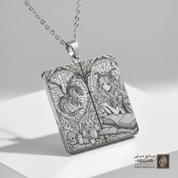 گردنبند طرح ساحره و اژدها در قاب پنجره (حکاکی لیزری فایبر، مدل قاب مربع) کد 503879