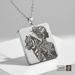 گردنبند طرح نیم‌رخ زن جنگجو و ببر (حکاکی لیزری فایبر، مدل قاب مربع) کد 503906
