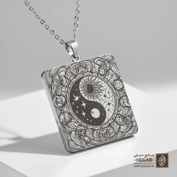 گردنبند طرح یینگ و یانگ در قاب گلدار (حکاکی لیزری فایبر، مدل قاب مربع) کد 503949